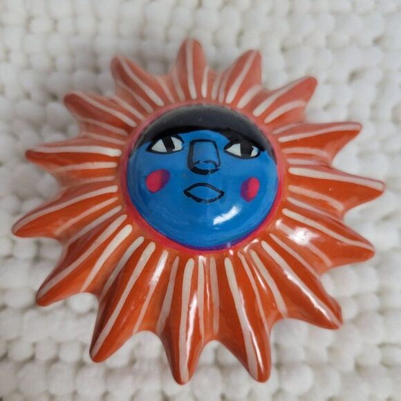 Handmade Other - Mexican Red Clay Pottery SUN dish lid hand painted trinket box jewelry Folk Art